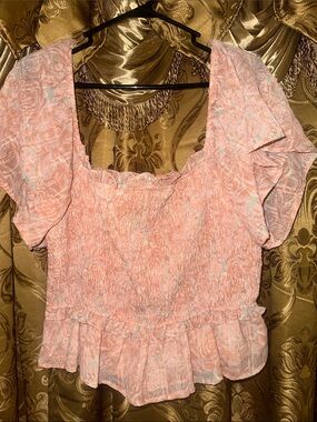 Astr Pink Floral Smocked Square-Neck Peplum Blouse